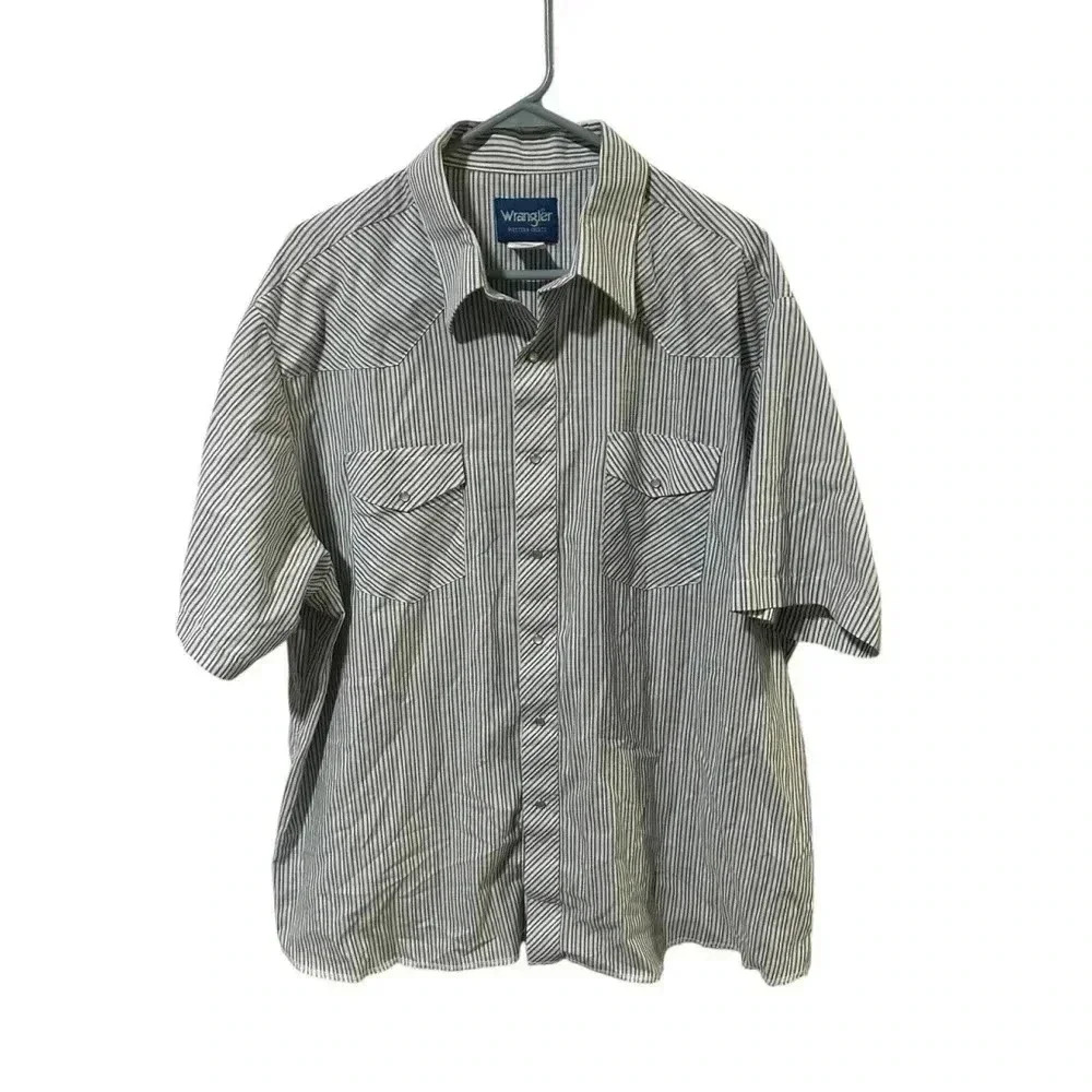 Vintage Wrangler Western Shirts Size 2X Blue Striped Pearl Snap Short Sleeve